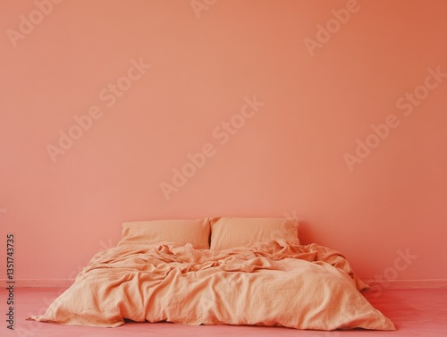 Cozy orange-toned bedroom with unmade bed.