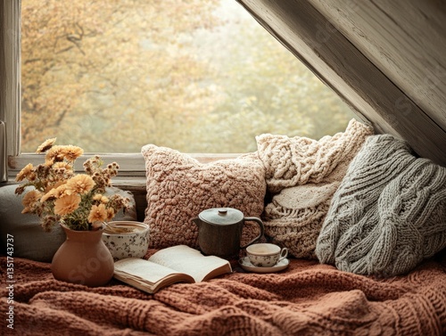 Cozy nook with pillows and flowers by window.