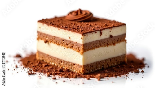Rich, decadent tiramisu with visible cocoa dusting Isolated on pure white , whipped cream, chocolate