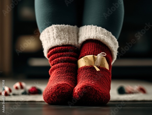 Cozy red socks with festive holiday spirit.