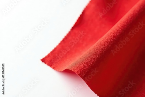 Red fabric flap, sharply folded, against pure white , scarlet, item