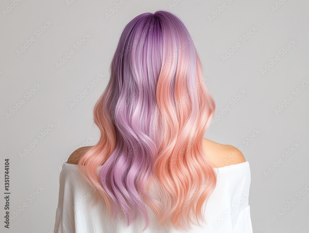 Naklejka premium An ombre synthetic wig, transitioning from purple to pink, styled in loose curls, displayed on a reflective glass stand