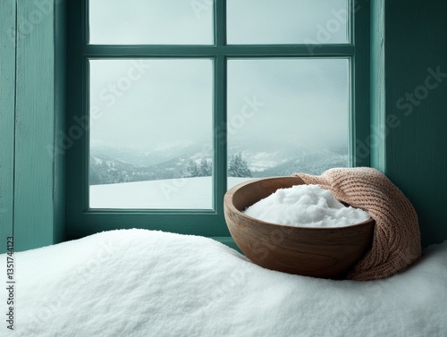 Cozy winter scene with snow and window view.