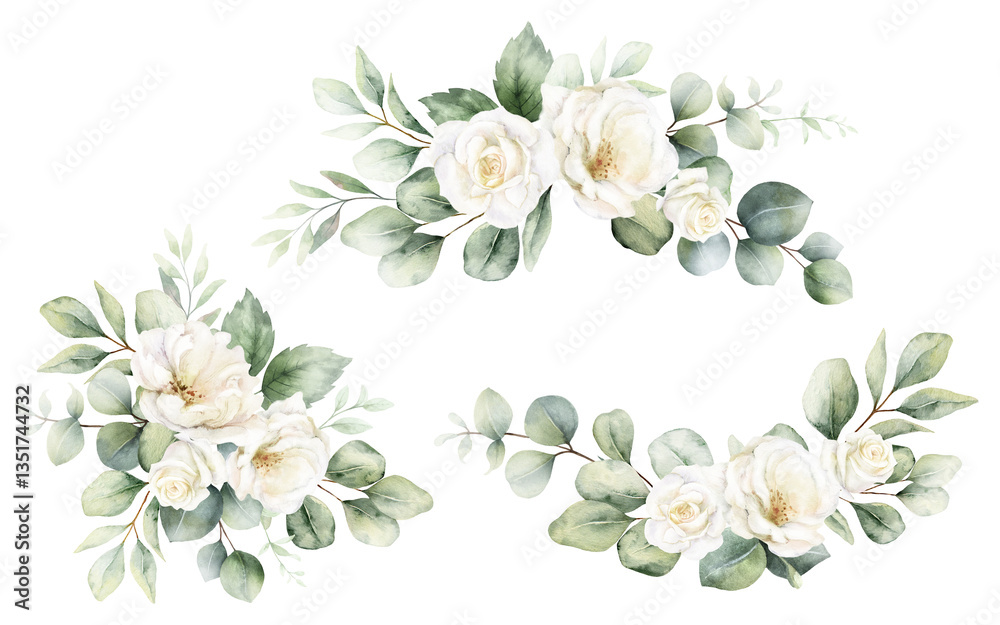 Fototapeta premium Watercolor set of frames and wreaths with green eucalyptus leaves and white roses. Greenery clipart for wedding invitation, greeting cards, save the date, stationery design. Hand drawn illustration.