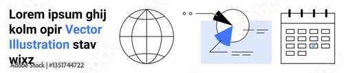 Globe with grid lines, pie chart with data visualization, and marked calendar. Ideal for workflow, planning, global reach, productivity, analytics, scheduling simple landing page