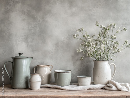 Elegant kitchenware with flowers on table.