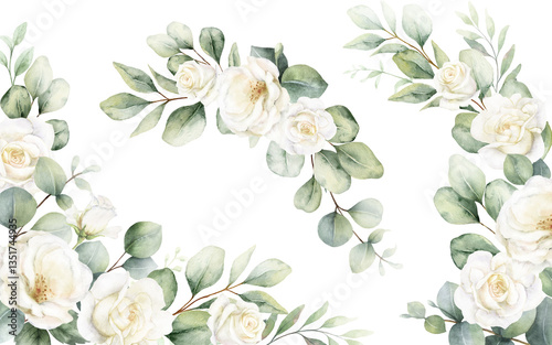 Watercolor set of frames and wreaths with  green eucalyptus leaves and white ...