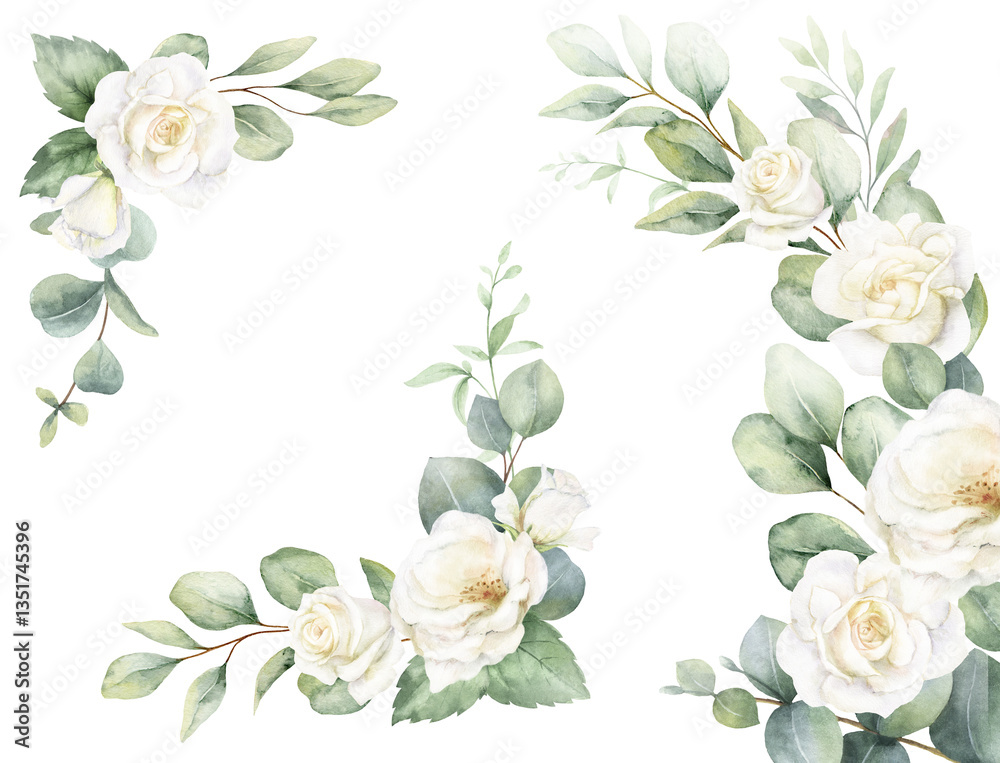 Fototapeta premium Watercolor set of frames and wreaths with green eucalyptus leaves and white roses. Greenery clipart for wedding invitation, greeting cards, save the date, stationery design. Hand drawn illustration.