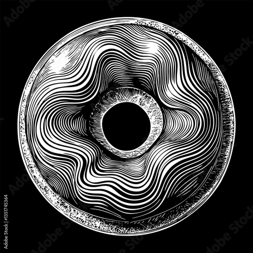 A black and white drawing of a donut with a hole in the middle