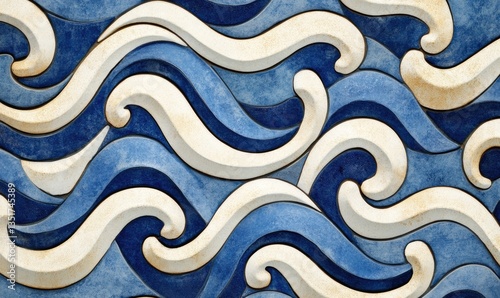Blue and white curved wave patterns create an artistic background design