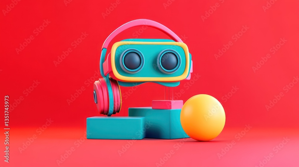 Obraz premium A 3D icon of a VR headset in a bold red background, with blue and yellow components