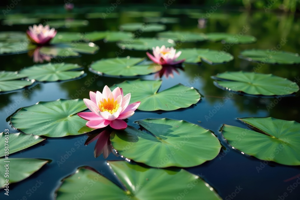 Water lilies forming a natural floral pattern across a lake, calm, photography Water lilies forming a natural floral pattern across a lake, calm, photography