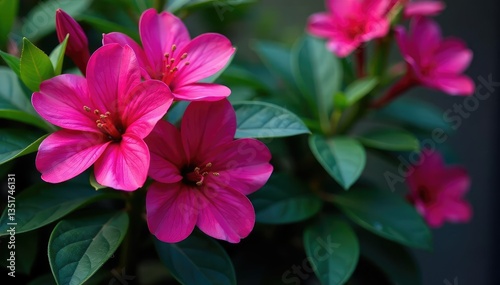 Vibrant fuchsia flowers, intricate leafy details, spring, fabric, floral