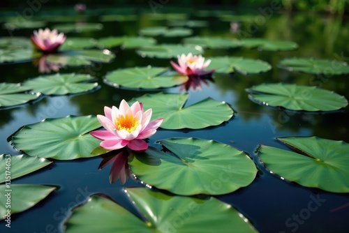 Water lilies forming a natural floral pattern across a lake, calm, photography