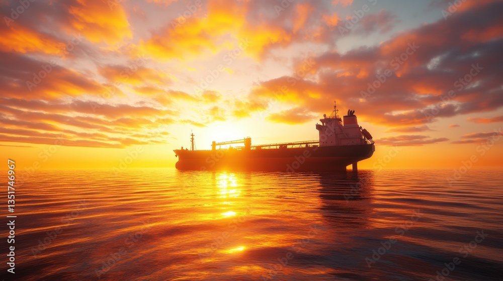A tranquil sunset scene featuring a silhouette of a ship on calm waters, surrounded by vibrant clouds reflecting warm colors. A tranquil sunset scene featuring a silhouette of a ship on calm waters, surrounded by vibrant clouds reflecting warm colors.