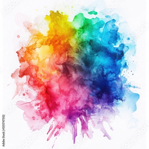 An abstract watercolor painting showcases a vibrant explosion of rainbow colors creating a dynamic and energetic circular composition perfect for design projects needing a splash