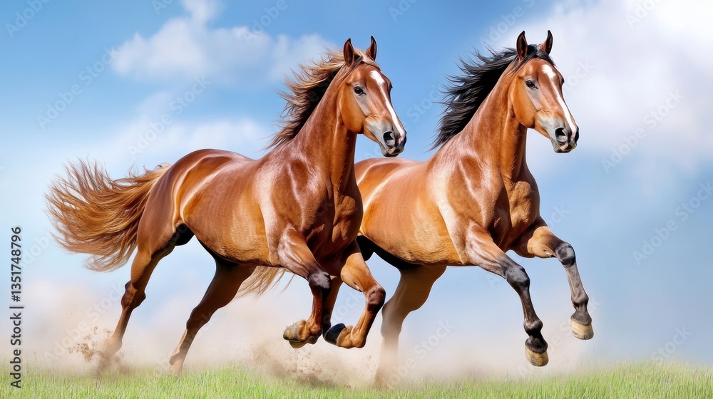 Obraz premium Majestic horses gallop through vibrant landscape under a clear sky