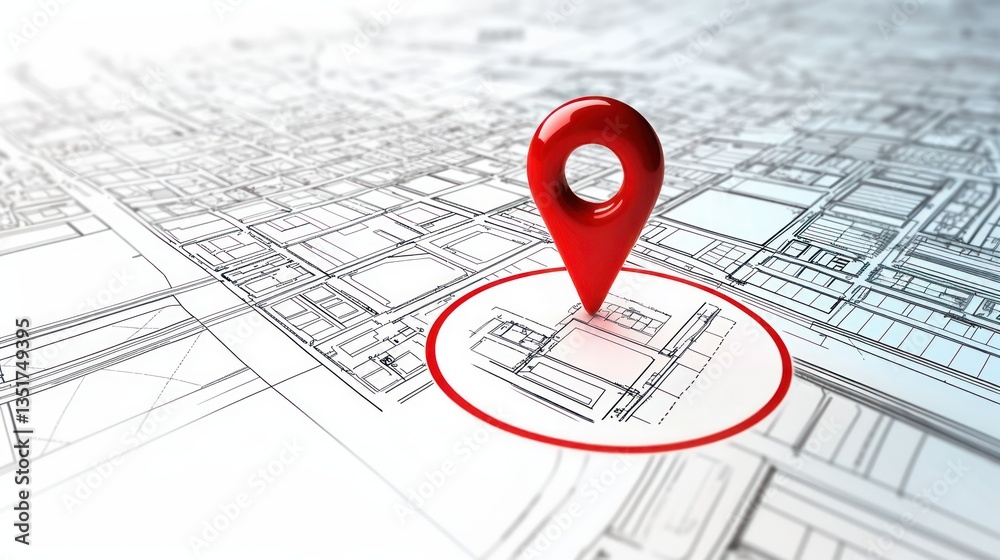 Fototapeta premium A red location pin placed over an architectural floor plan, symbolizing site mapping, urban planning, Surveying and Geolocation, GPS surveying