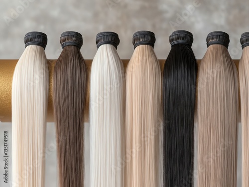 Wallpaper Mural Straight hair extensions in various shades of blonde, draped elegantly over a golden display stand Torontodigital.ca