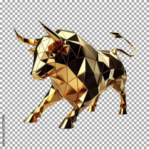 a shiny, multi-faceted, low-poly gold bull, Golden Bull Art - Luxurious Geometric Sculpture on transparent background, png, psd
