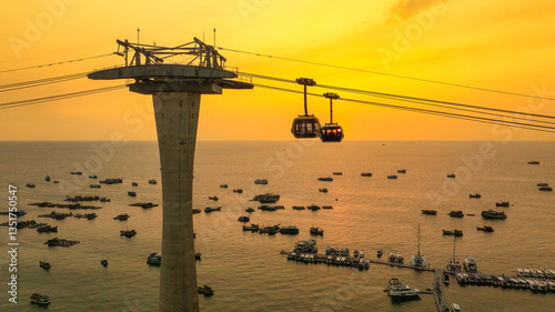 Obraz na płótnie View of longest cable car ride in the world, Phu Quoc island, Vietnam. Below is seascape with tropical islands and boats. w salonie