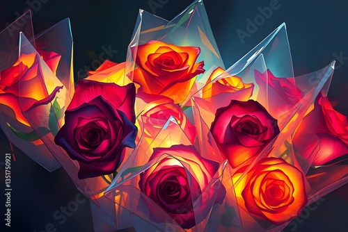 Epic digital sketch of multicolored roses wrapped in cellophane, viewed from above, glowing bioluminescent colors, misty atmosphere, rough painterly strokes, dramatic lighting, complementary colors, f photo