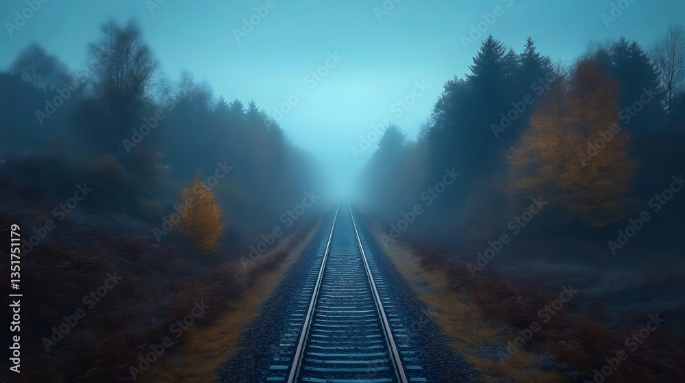 A train track in the woods with foggy mist in the background A train track in the woods with foggy mist in the background
