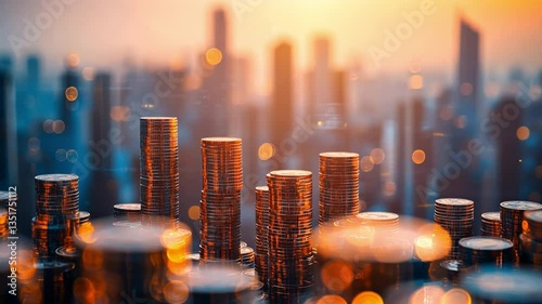 A close-up view of stacks of coins against a city skyline at sunset, symbolizing wealth, finance, and investment opportunities.