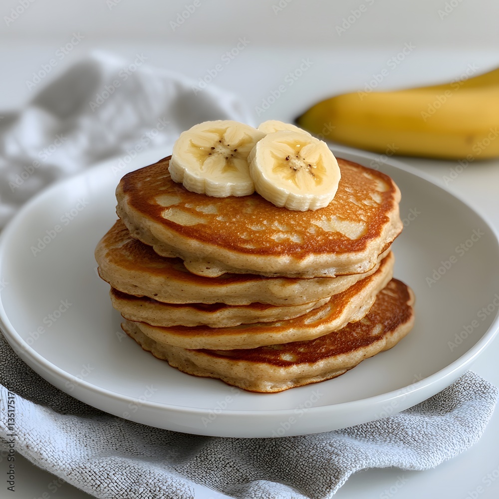 Delicious banana pancakes breakfast stack on plate Delicious banana pancakes breakfast stack on plate