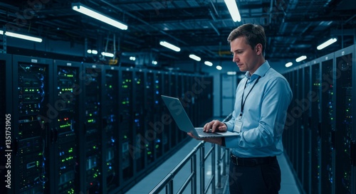Man works on a laptop in a modern data center environment photo