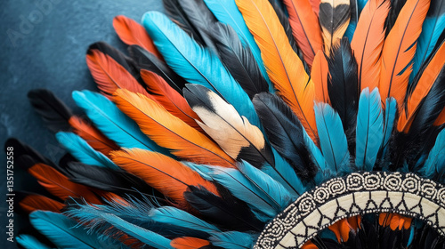 A colorful feather headdress with a blue, orange, and black feather