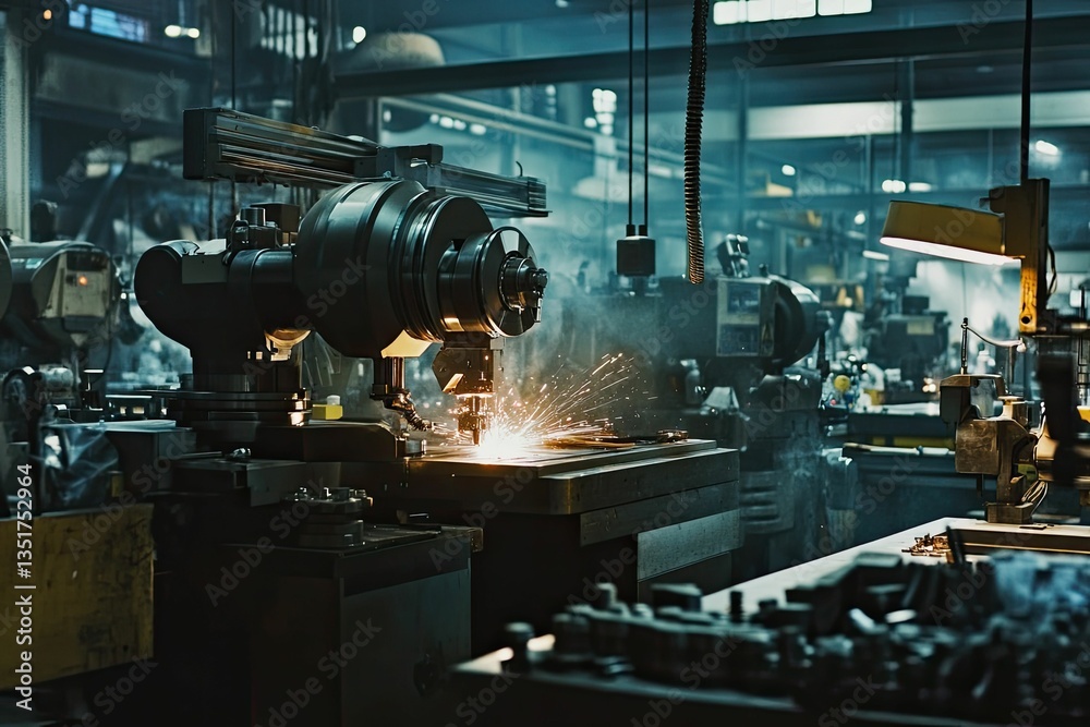Fototapeta premium Industrial machine sparks, metal fabrication, factory setting.