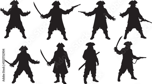 Pirates Silhouette: Swashbuckling Buccaneers, Adventure Concept, Treasure Hunt, Nautical Design, Flat Vector Illustration