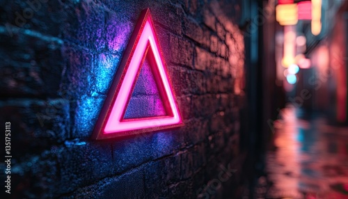 A neon illuminated triangular sign attached to a brick wall