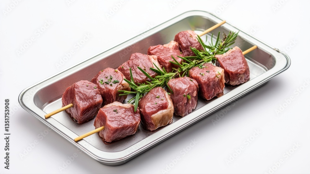 Raw beef skewers with rosemary on a metal tray, ready for grilling or cooking, isolated on white background. Raw beef skewers with rosemary on a metal tray, ready for grilling or cooking, isolated on white background.