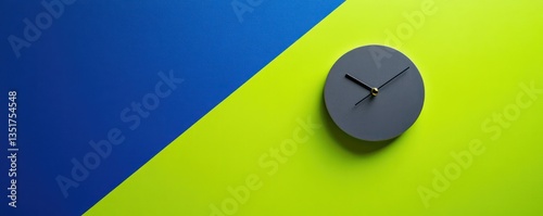 A charcoal gray minimalist clock on a bright lime green and royal blue background, creating an energetic visual that symbolizes the dynamic nature of creativity and time