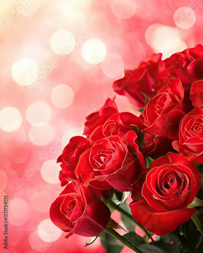 A vibrant bouquet of red roses elegantly arranged against a soft, dreamy background filled with blurred bokeh lights, perfect for romantic occasions and celebrations