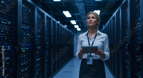 A woman holding a tablet in a server room