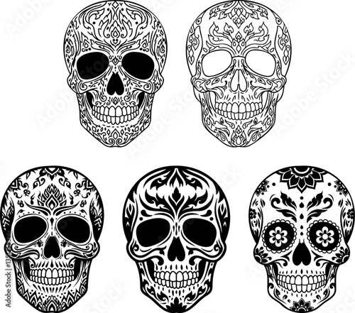 Sugar Skull Vector Set with Five Unique Thai Pattern Designs