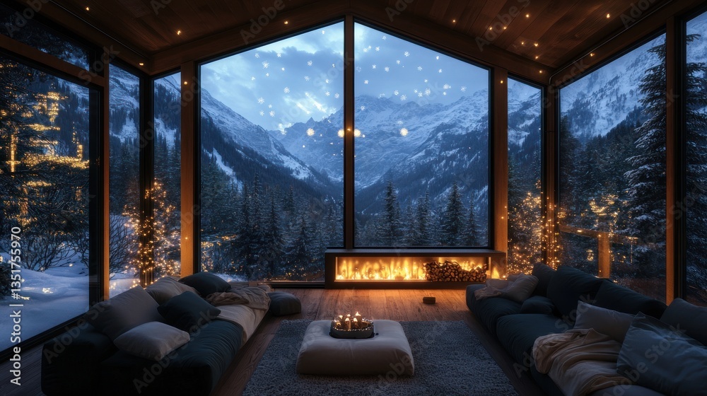 Fototapeta premium Cozy Winter Cabin with Breathtaking Mountain View