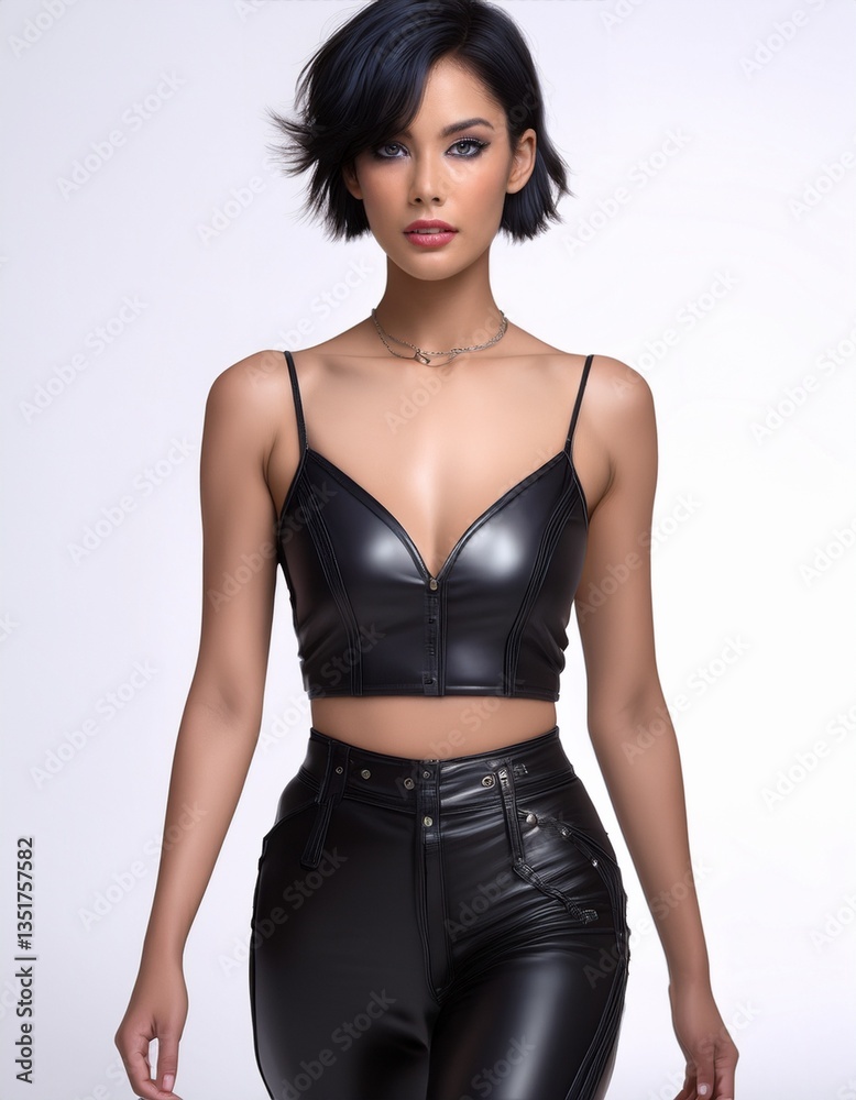 Fototapeta premium studio portrait of a brunette woman with short hair wearing a low cut black leather top with nude shoulders on a white background, fashion photography