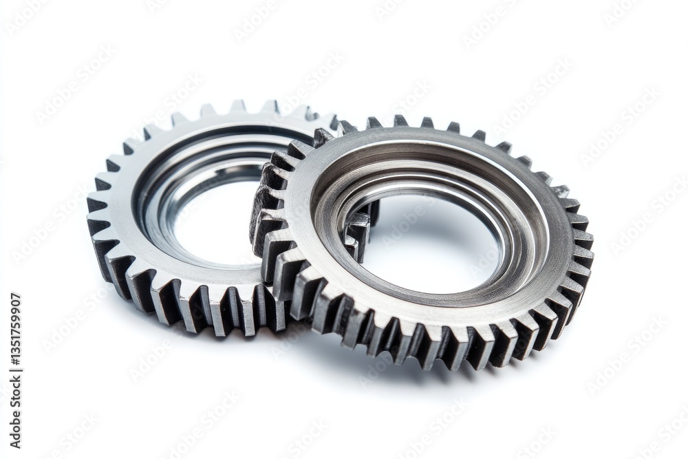 Two metallic gears interlocked, showcasing intricate details and precision engineering. Two metallic gears interlocked, showcasing intricate details and precision engineering.