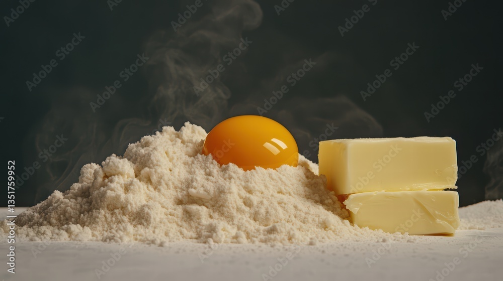 Fresh Ingredients for Baking with Flour, Egg Yolk, and Butter Fresh Ingredients for Baking with Flour, Egg Yolk, and Butter