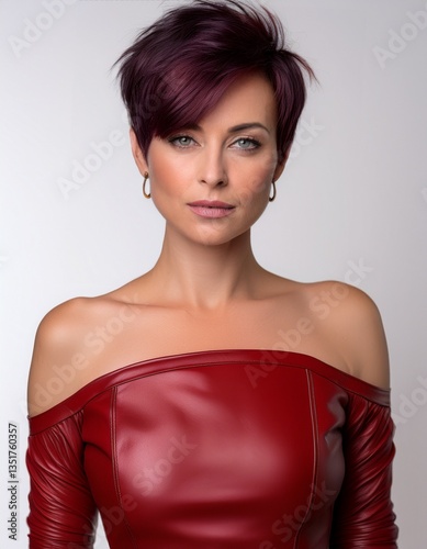 studio portrait of a brunette woman with short hair wearing a low cut red leather top with nude shoulders on a white background, fashion photography