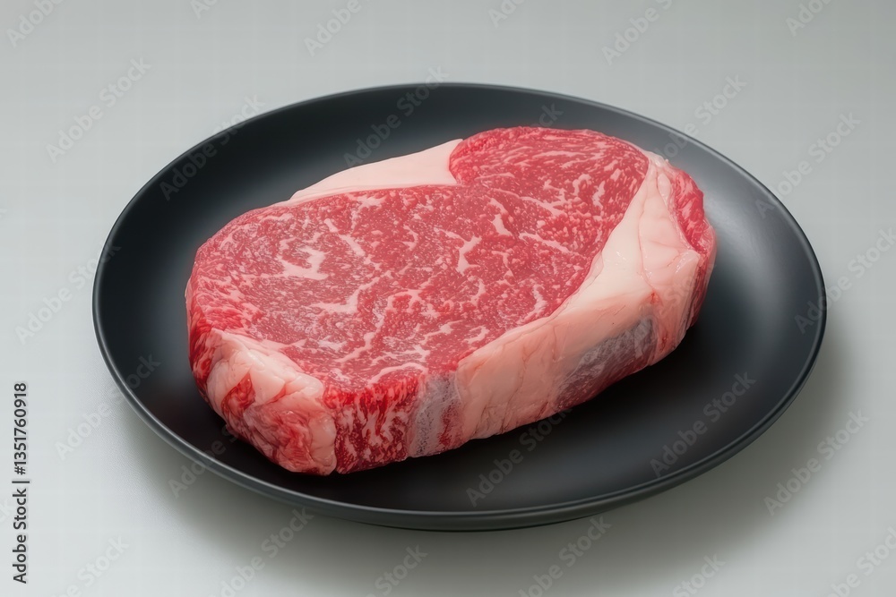 Fresh Raw Ribeye Steak with Intricate Marbling on Black Plate Fresh Raw Ribeye Steak with Intricate Marbling on Black Plate