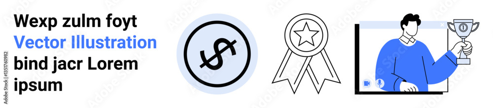 Obraz premium Dollar sign with circular outline, star in award ribbon, person holding trophy. Ideal for business, finance, recognition, success, motivation, awards simple landing page