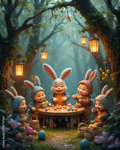 Adorable bunnies decorate Easter eggs in a magical forest, surrounded by lanterns and cozy woodland charm.