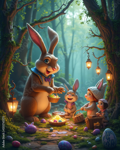 Adorable bunnies decorate Easter eggs in a magical forest, surrounded by lanterns and cozy woodland charm.