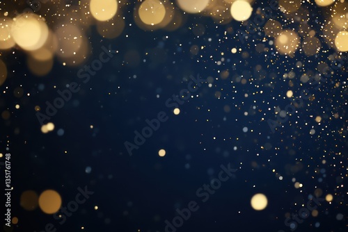 A close-up of gold glitter sparkling against a deep navy blue background, with a soft bokeh effect in the foreground