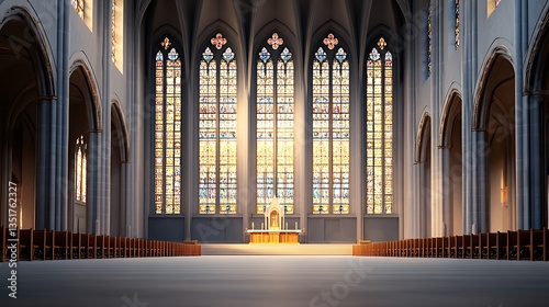 Inside, grand church with stained glass glows. Arches and pews stretch back. Light!